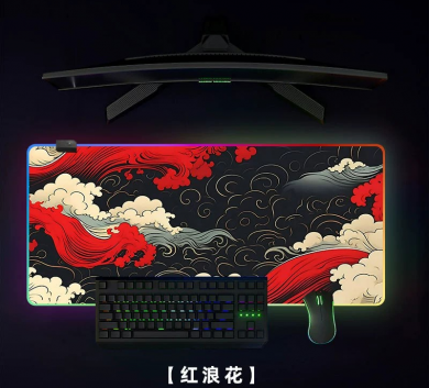 Pad chuột LED RGP - deskmat size lớn 90x40 cm dày 4mm may viền - Mẫu LED - Red Waves
