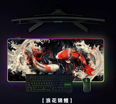 Pad chuột LEB RGP- deskmat size lớn 90x40 cm dày 4mm may viền - Mẫu LED - Splash Koi
